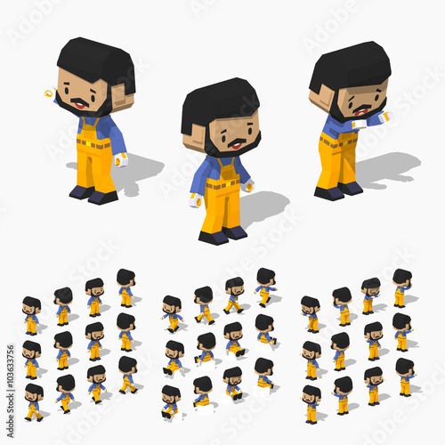 Low poly worker with black hair and beard, dark skin, in the yellow jumpsuit, blue shirt and black shoes. 3D lowpoly isometric vector illustration. The set of objects isolated against the white