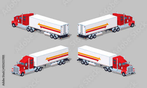 Red heavy american truck with the trailer. 3D lowpoly isometric vector illustration. The set of objects isolated against the grey background and shown from different sides