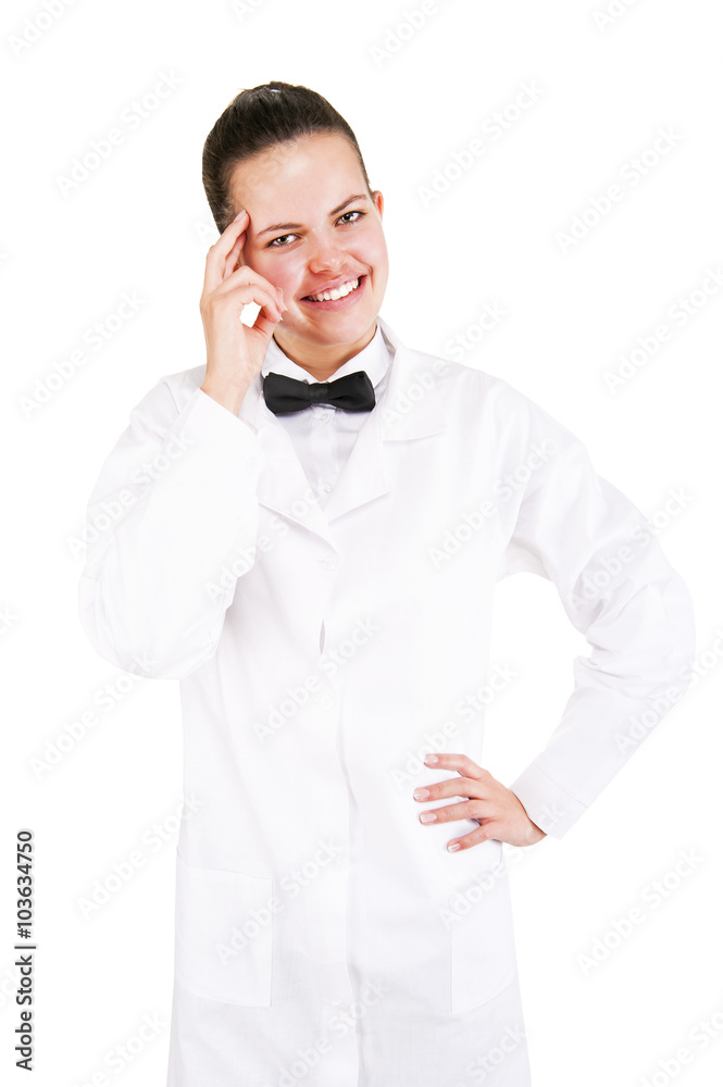 Scince woman in lab coat and bow tai with fingers near head. Smi Scince woman in lab coat and bow tai with fingers near head. Smi