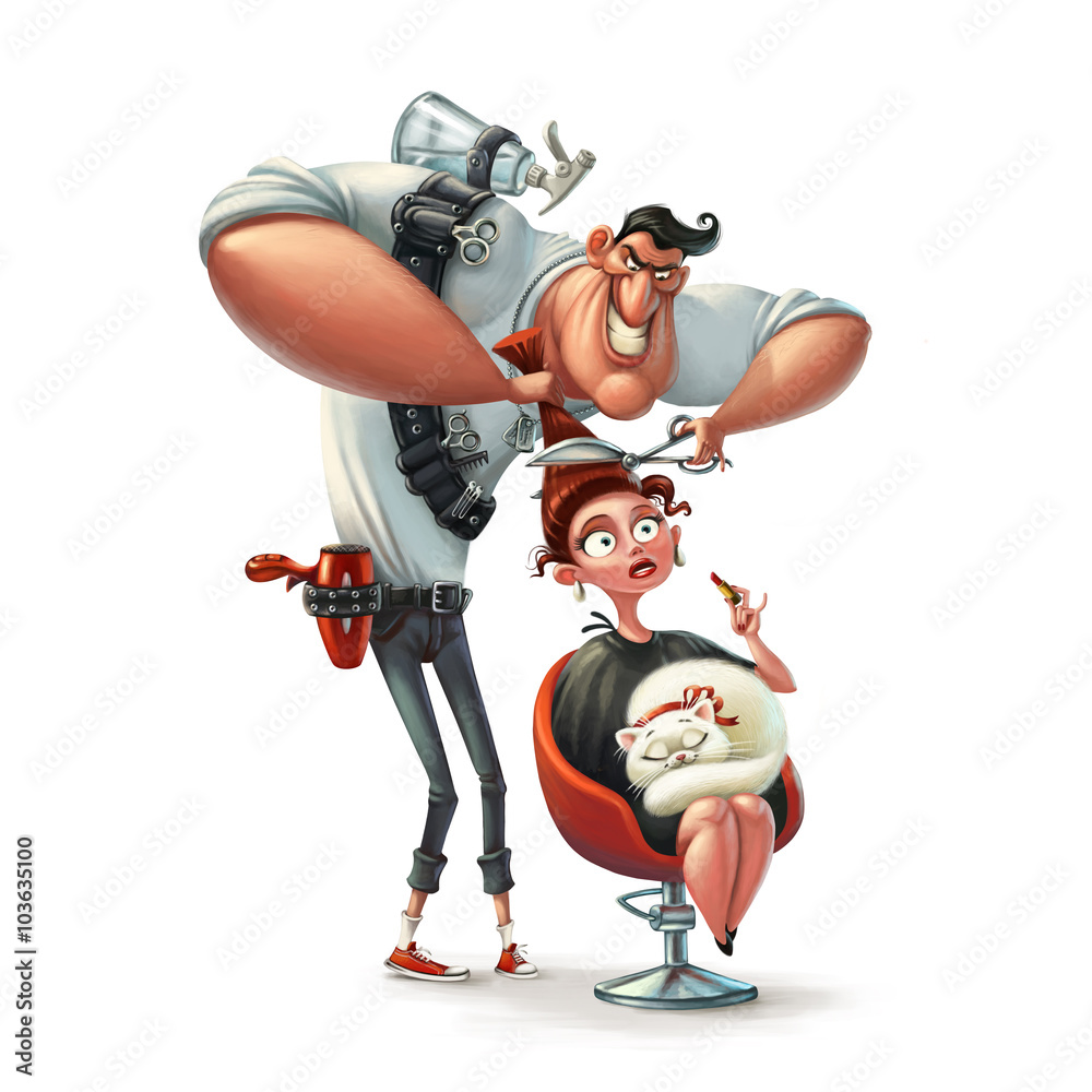 Funny characters Crazy Hairdresser. Frightened woman. Stock Illustration | Adobe Stock Funny characters Crazy Hairdresser. Frightened woman. Stock Illustration | Adobe Stock
