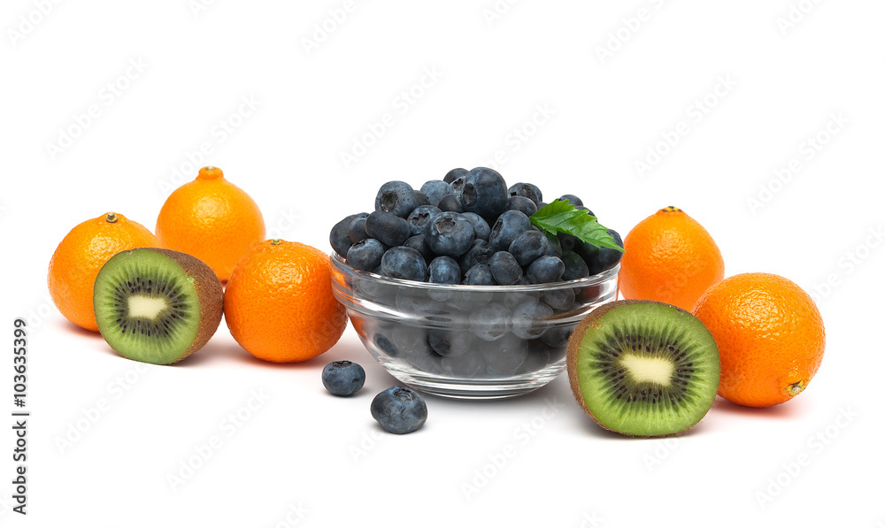 tangerine, kiwi and blueberries on a white background tangerine, kiwi and blueberries on a white background