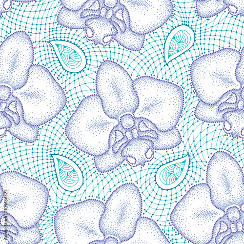 Fototapeta Naklejka Na Ścianę i Meble -  Seamless pattern with dotted moth Orchid or Phalaenopsis in violet and turquoise decorative lace on the white background. Floral background in dotwork style.