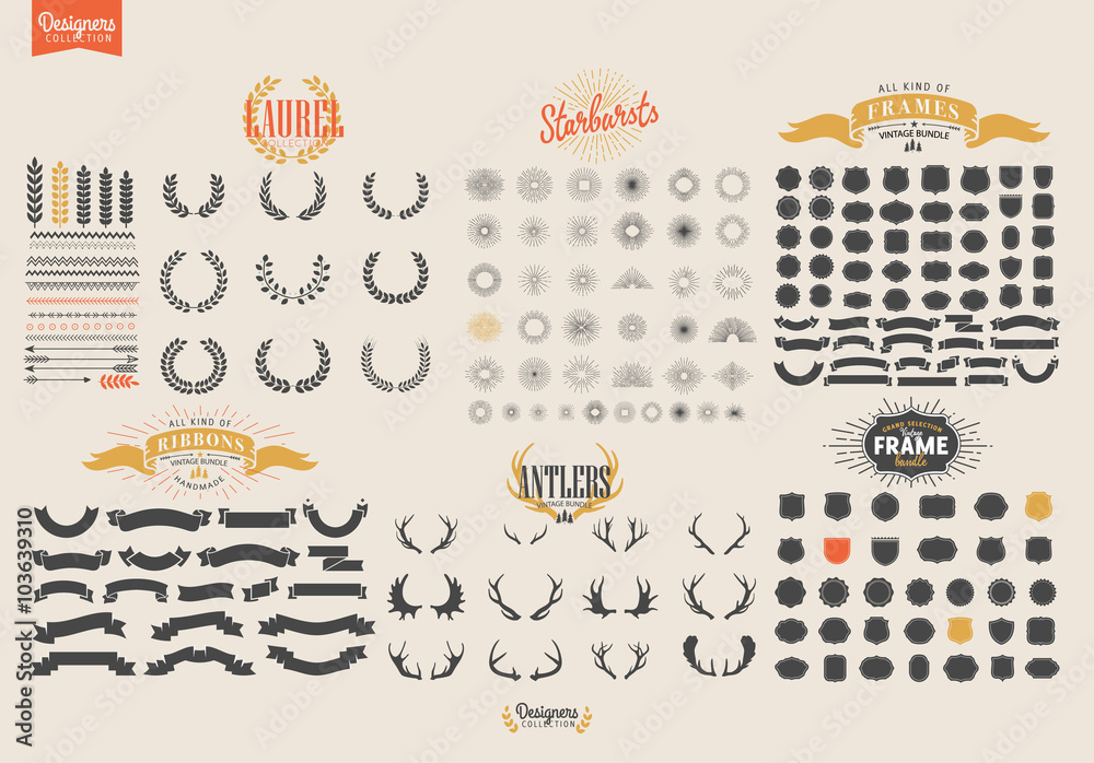 Premium design elements. Starbursts, frames and ribbons Designers Collection