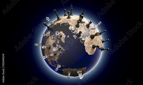 symbol of geopolitics the world globe with chess pieces photo