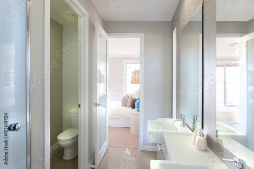 View of a modern bathroom with toilet and way to the bedroom