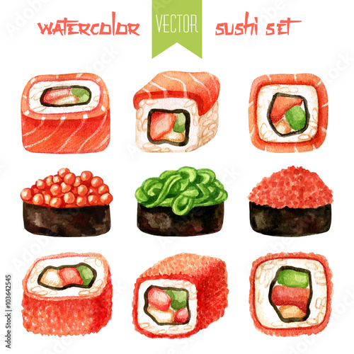 Watercolor set of sushi uramaki rolls and gunkans