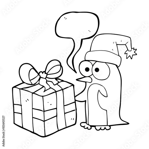 speech bubble cartoon christmas penguin with present