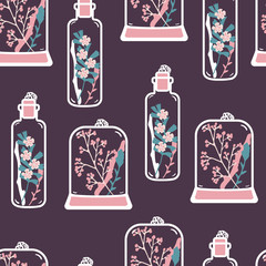 Handdoek met foto Terrariumplanten patronen Seamless pattern with hand drawn floral terrariums. Plant pendant with dried flowers, moss and berries. Colorful vector illustration  © monstreh
