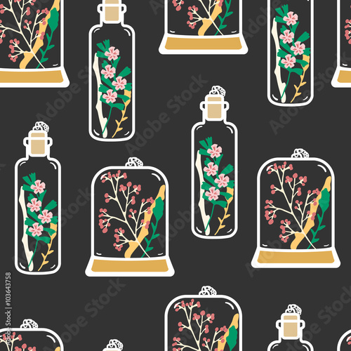 Seamless pattern with hand drawn floral terrariums. Plant pendant with dried flowers, moss and berries. Colorful vector illustration