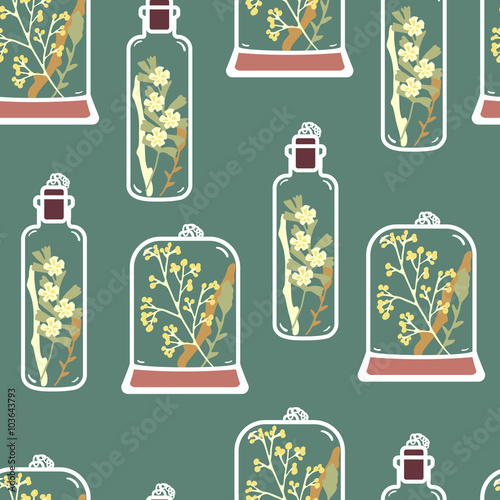 Seamless pattern with hand drawn floral terrariums. Plant pendant with dried flowers, moss and berries. Colorful vector illustration