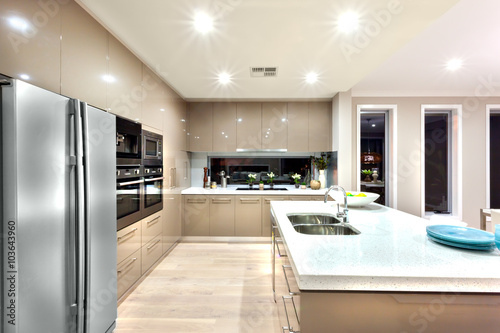 Modern kitchen with refrigerator and fixed to the wall with cabi