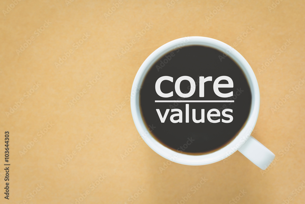 core values message coffee cup and business strategy on wooden table with retro filter effect