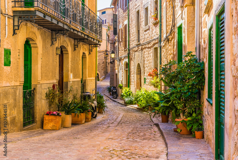 Fototapeta premium Widok na romantyczną uliczkę starej śródziemnomorskiej miejscowości w Hiszpanii