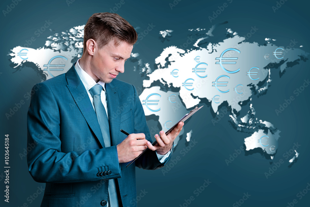 Business success strategy concept. Portrait of businessman on world map background Business success strategy concept. Portrait of businessman on world map background