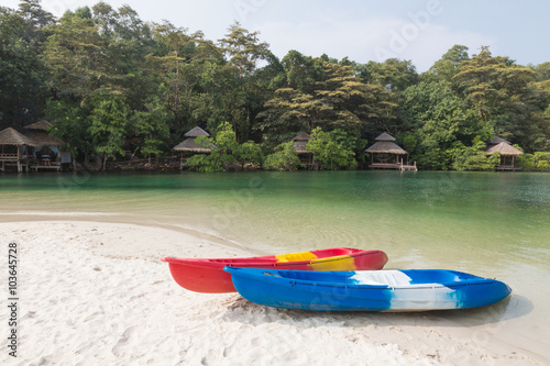 kayaks on sandy beach,  koh kood island