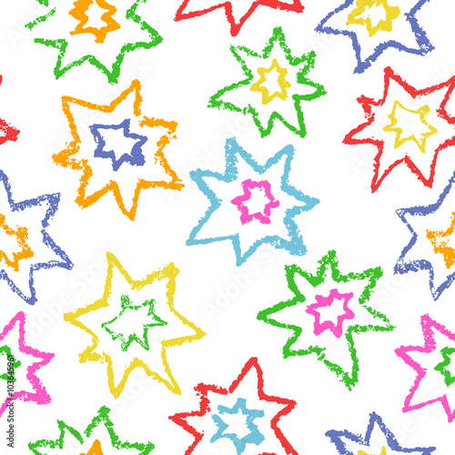 Wax crayon kid`s drawn colorful stars isolated on white. Seamless pattern background, vector. Child`s drawn color pastel chalk design elements. Set of kid`s painting objects.