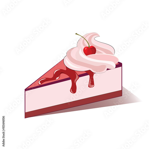 Cake slice with cherry cream. Vector