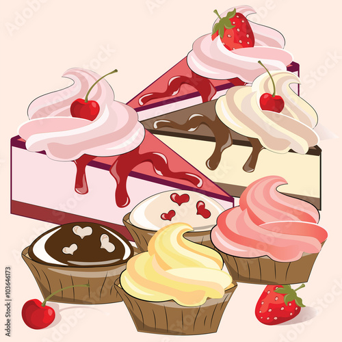 Dessert muffins and cakes composition. Vector
