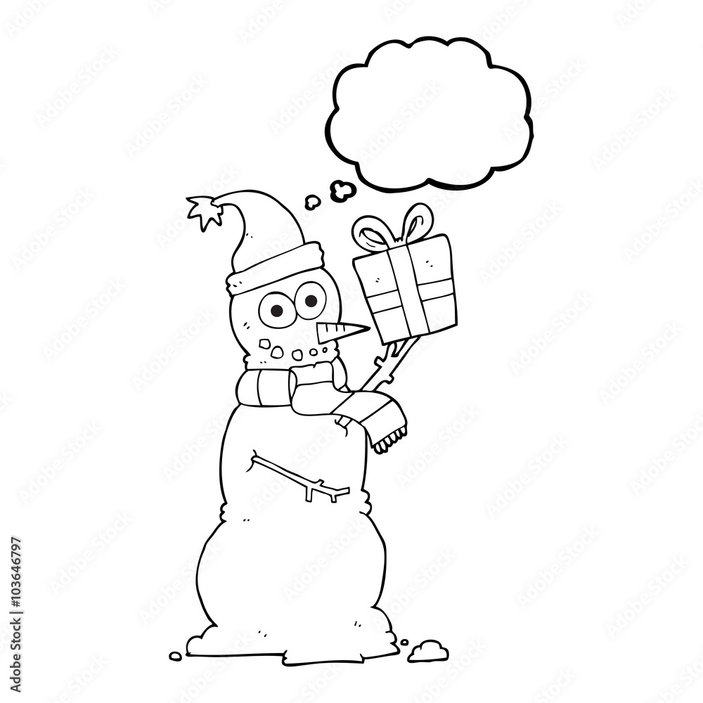 thought bubble cartoon snowman holding present