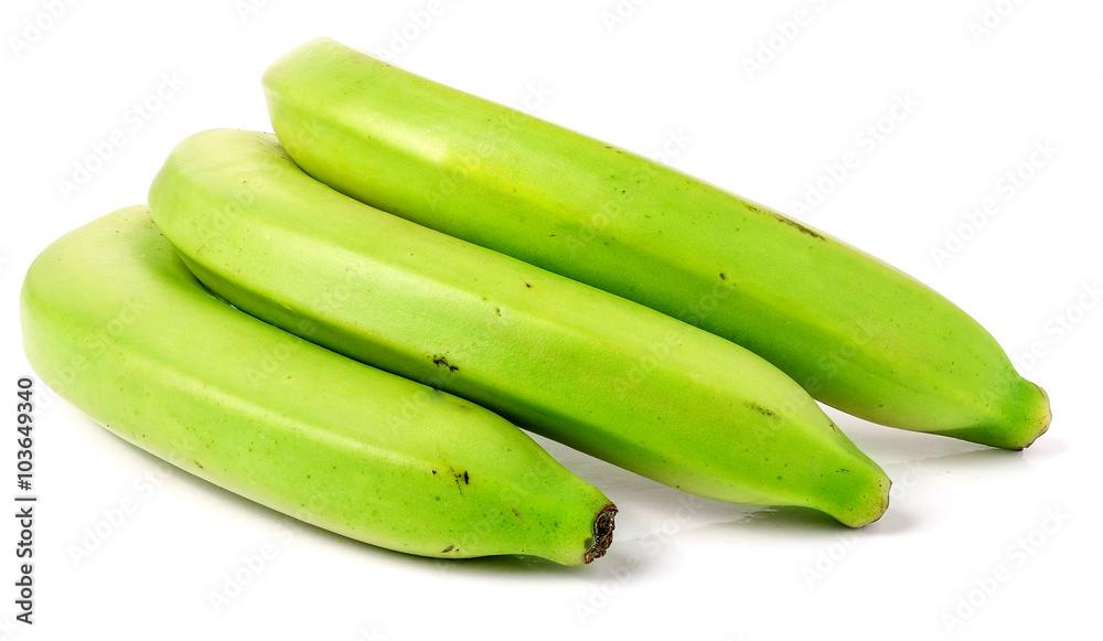 bunch of green bananas on white background