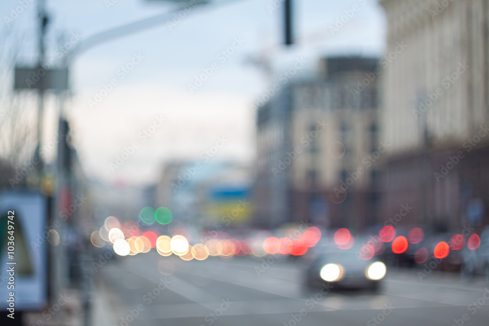 Blurry lights. Evening city bokeh. Defocused cityscape.