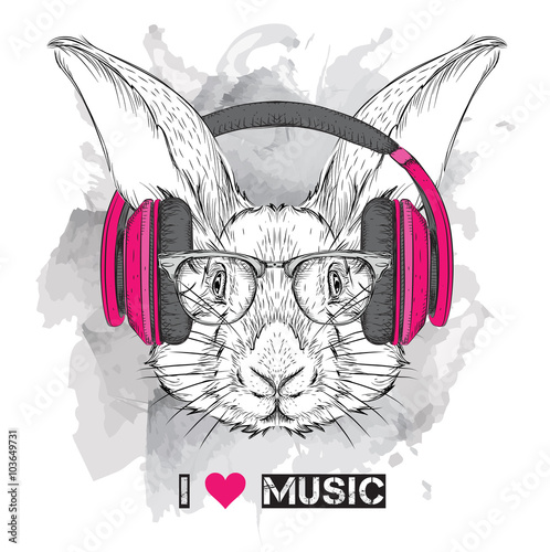 The image of the rabbit in the glasses and headphones. Vector illustration.