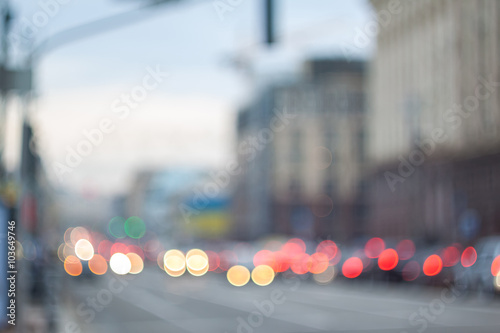 Blurry lights. Evening city bokeh. Defocused cityscape.