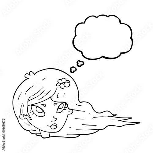 thought bubble cartoon woman with blowing hair
