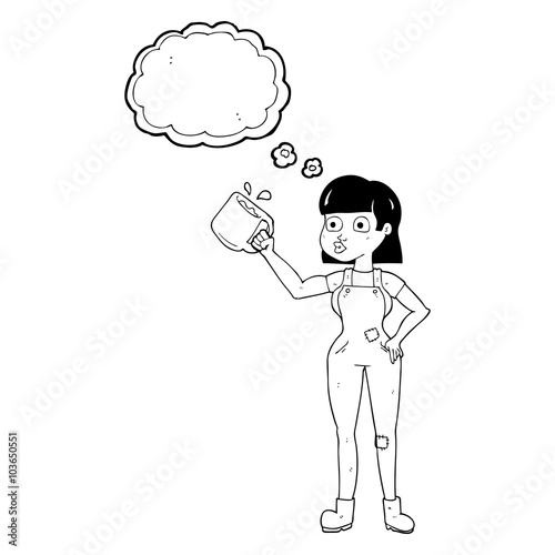 thought bubble cartoon female worker with coffee mug