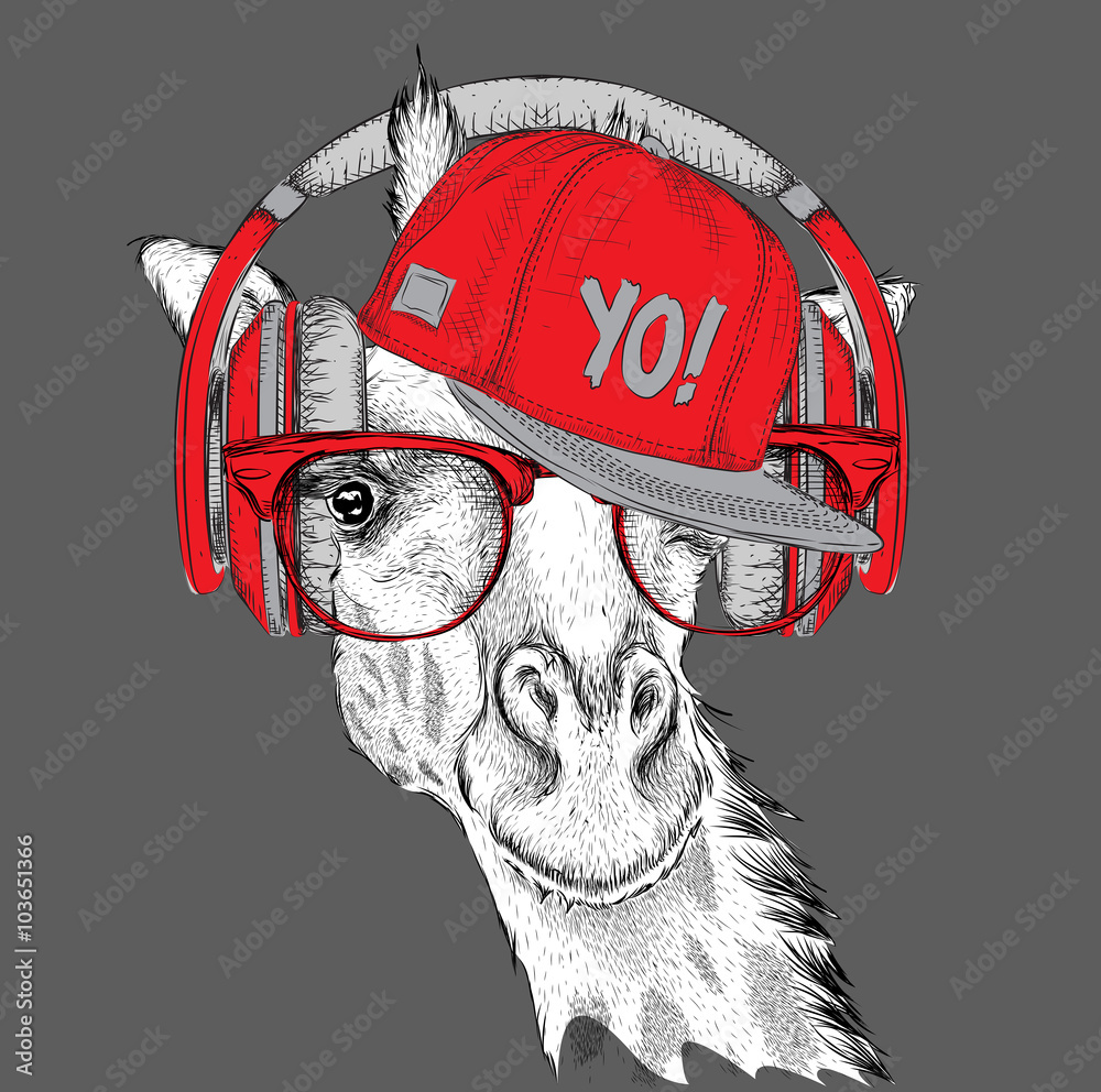 Naklejka premium Wizerunek żyrafy w okularach, słuchawkach i hip-hopowej czapce. Ilustracji wektorowych.
