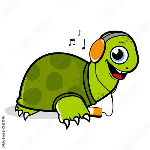 Cartoon turtle listening to music. Vector illustration