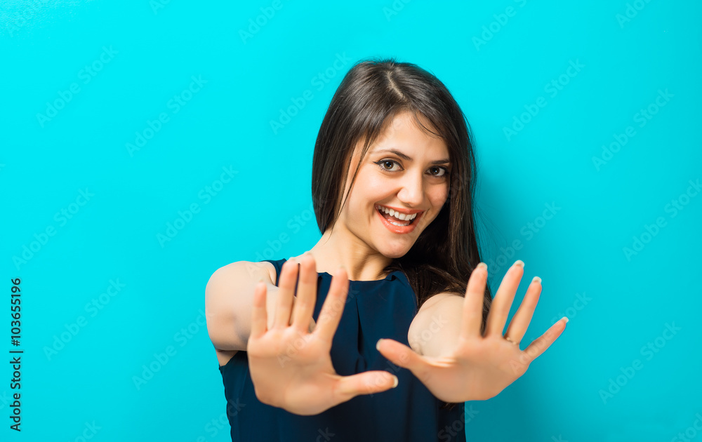 young woman palm stop sign young woman palm stop sign