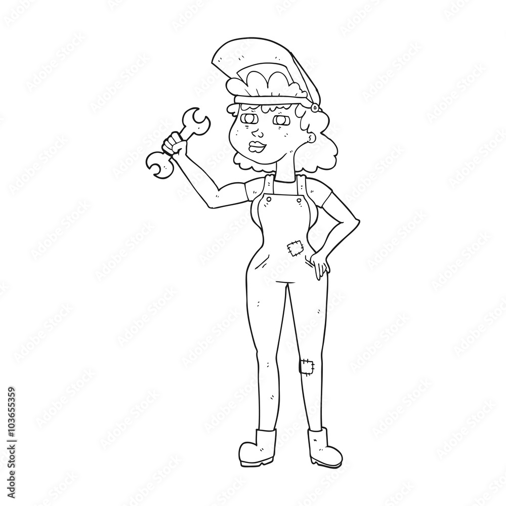 black and white cartoon woman with spanner