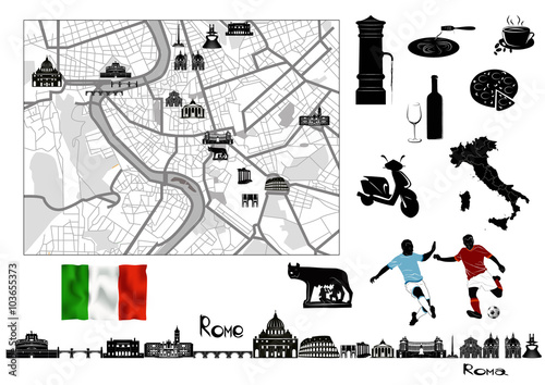 Rome. Black-and-white map and hallmarks, italian flag and symbol