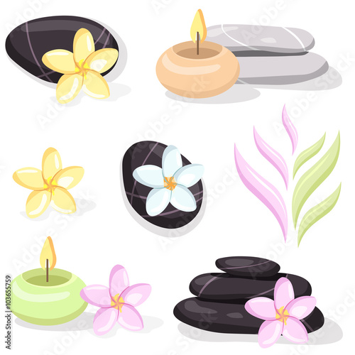 Spa wellness set with stones, candles, frangipani flowers and logo design