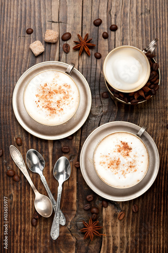 Cappuccino coffee in cups  top view