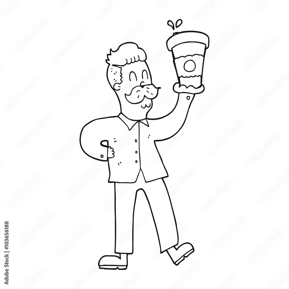 black and white cartoon man with coffee cups