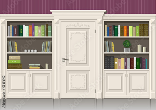 Classic wall panels and a bookcase in an interior room, vector graphics