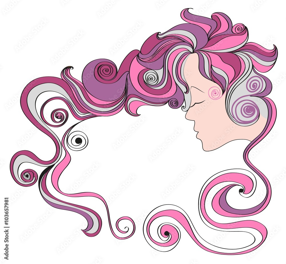 Vector silhouette of a woman with long curly hair decorative