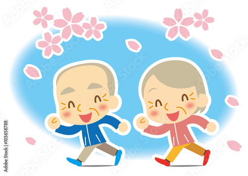 桜吹雪　仲良くウォーキング　老夫婦