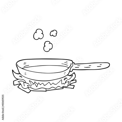 black and white cartoon frying pan on fire