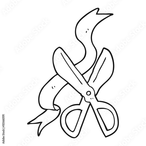 black and white cartoon scissors cutting ribbon