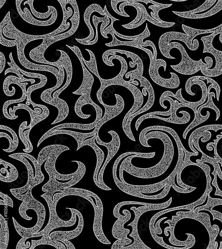 Cute black and white vector seamless pattern with abstract curling figures