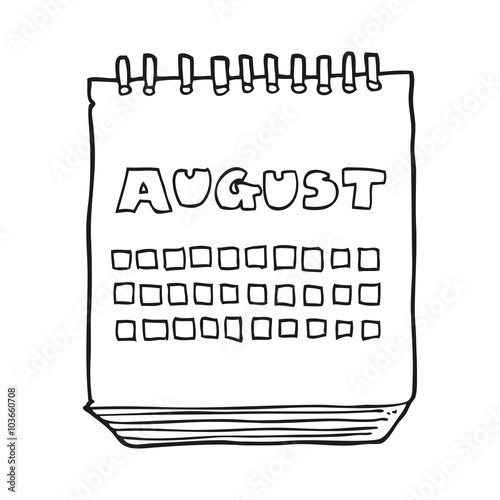 black and white cartoon calendar showing month of august