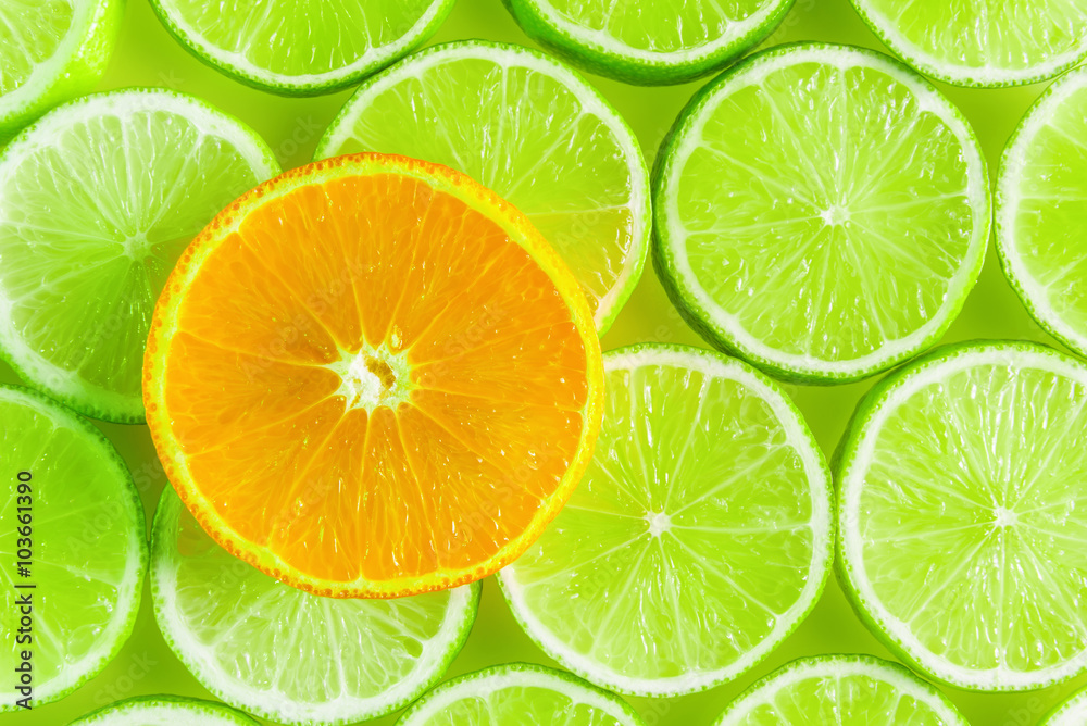 Fototapeta premium Citrus background, orange and lime slices