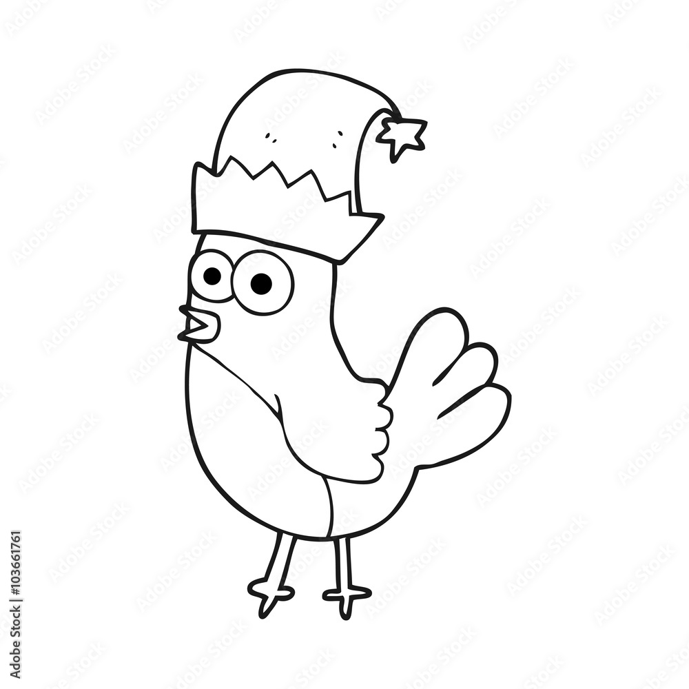 black and white cartoon robin in christmas hat black and white cartoon robin in christmas hat