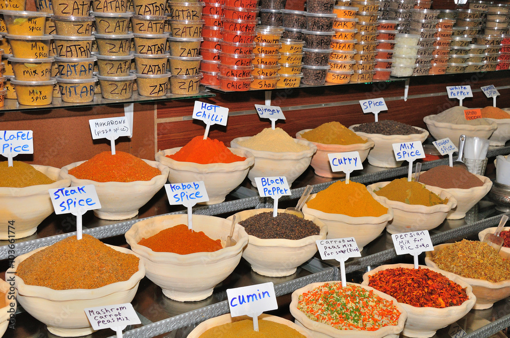 Fototapeta premium Flavorings and herbs at arab market in old Jerusalem city.