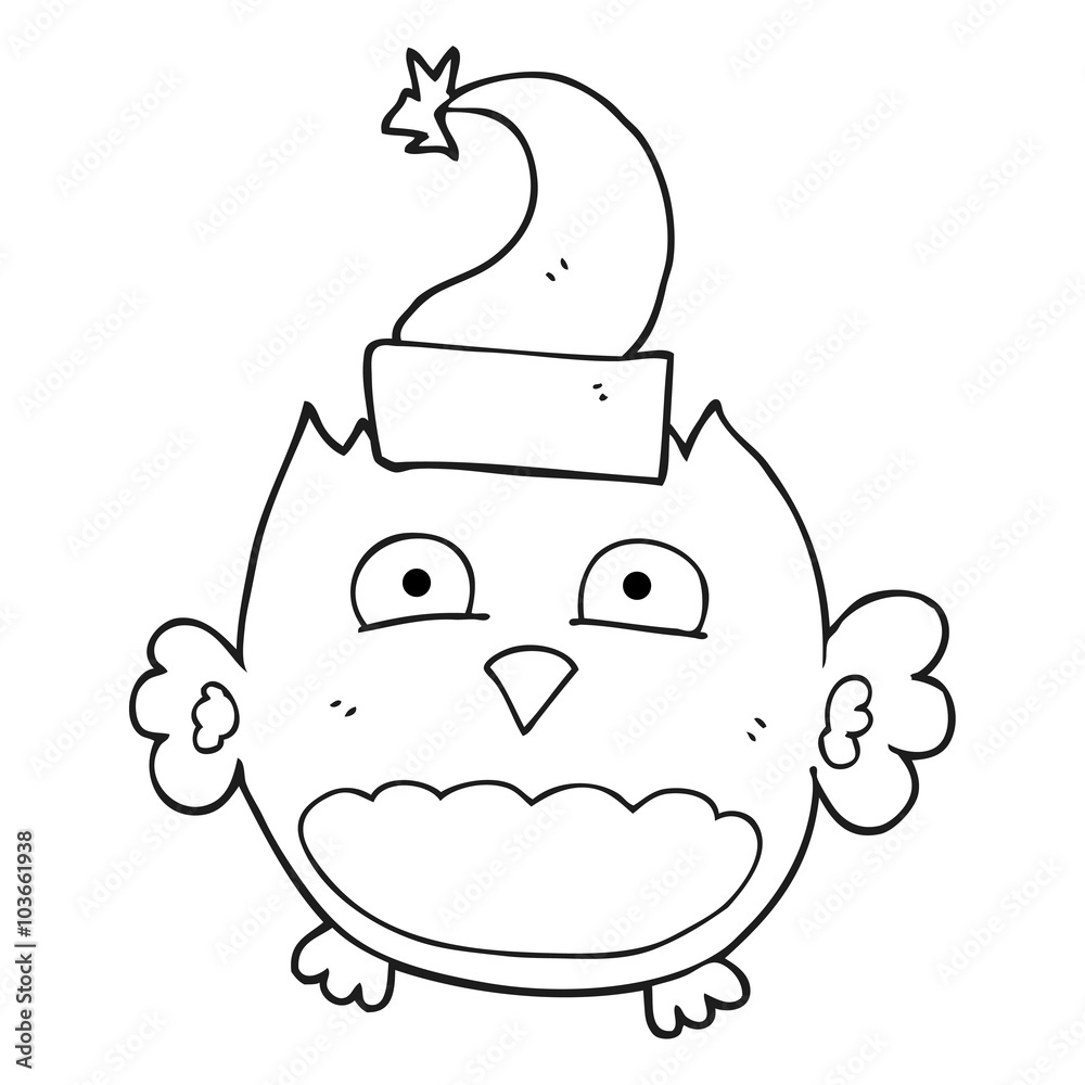 black and white cartoon owl wearing christmas hat black and white cartoon owl wearing christmas hat