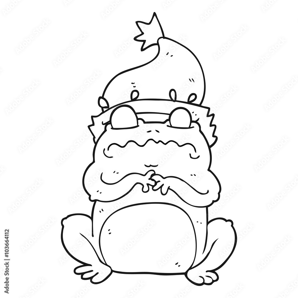 black and white cartoon frog in christmas hat black and white cartoon frog in christmas hat