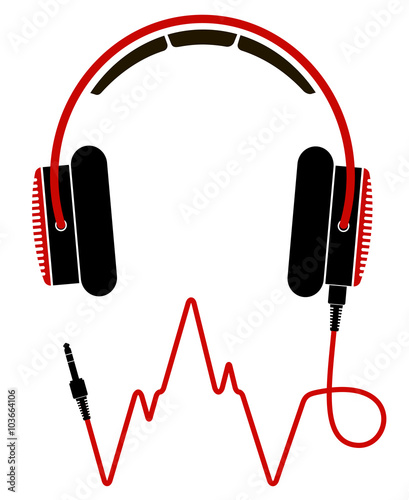 Red and black headphones with cable. Vector illustration